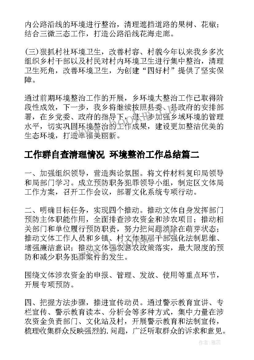 最新工作群自查清理情况 环境整治工作总结(大全10篇)