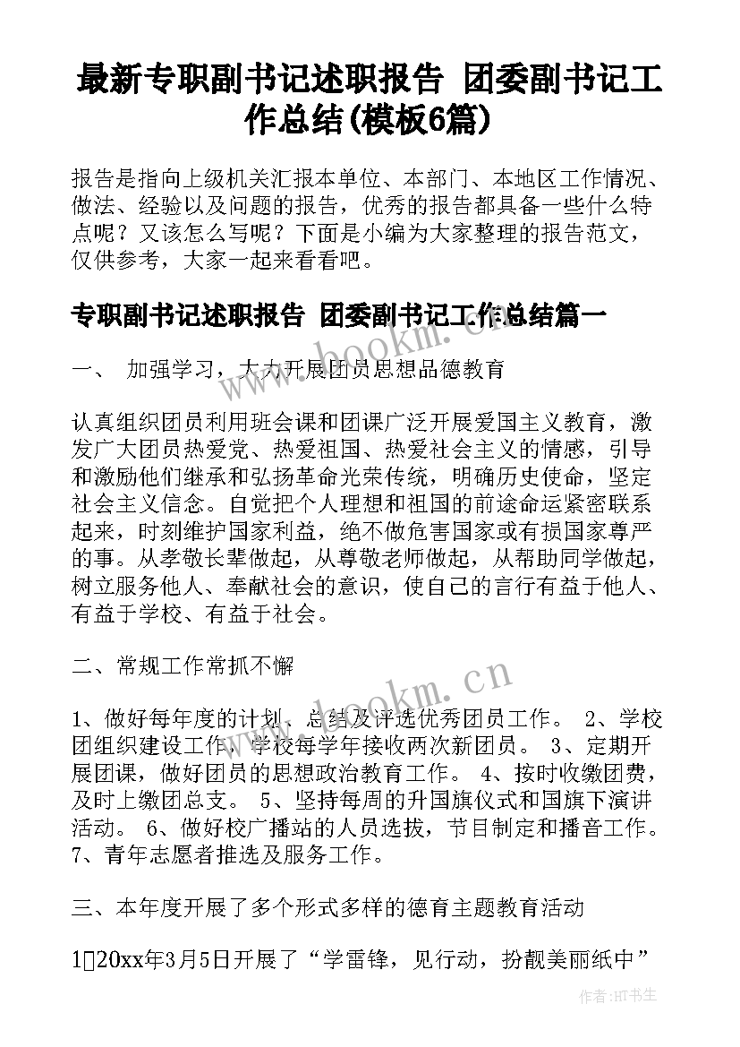 最新专职副书记述职报告 团委副书记工作总结(模板6篇)