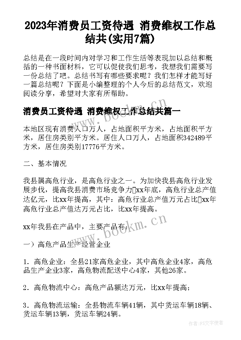 2023年消费员工资待遇 消费维权工作总结共(实用7篇)