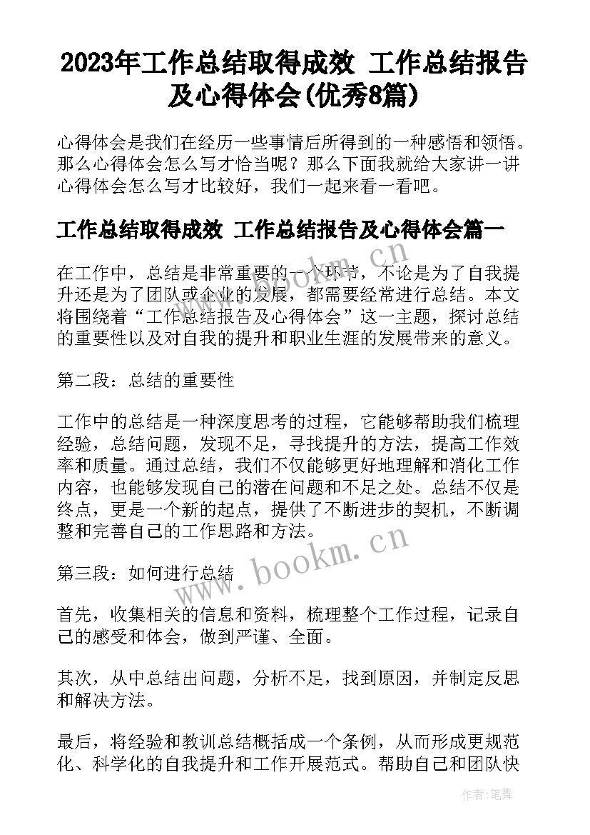 2023年工作总结取得成效 工作总结报告及心得体会(优秀8篇)