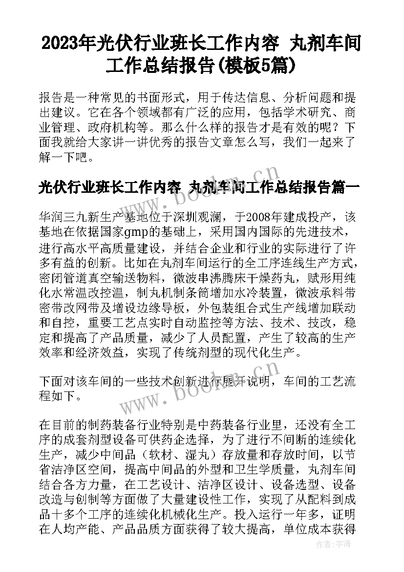 2023年光伏行业班长工作内容 丸剂车间工作总结报告(模板5篇)