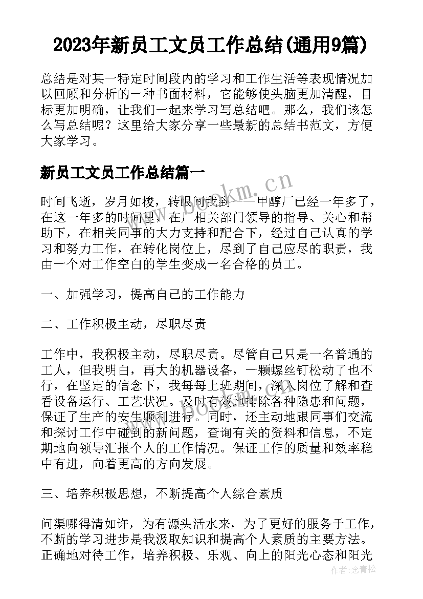 2023年新员工文员工作总结(通用9篇)