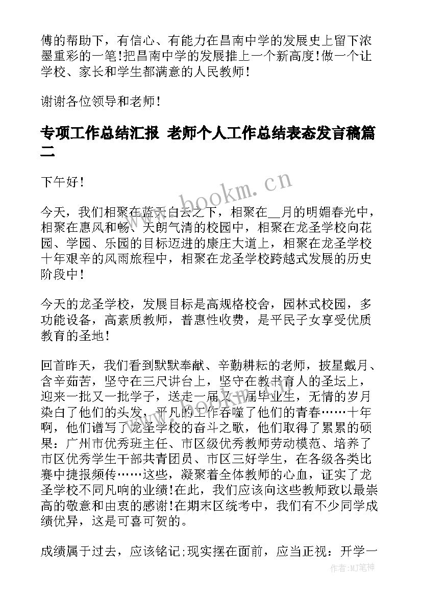 专项工作总结汇报 老师个人工作总结表态发言稿(精选10篇)