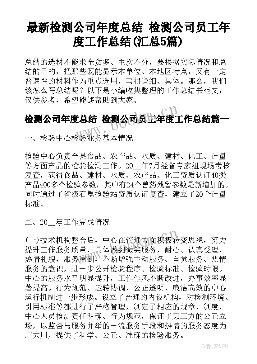 最新检测公司年度总结 检测公司员工年度工作总结(汇总5篇)