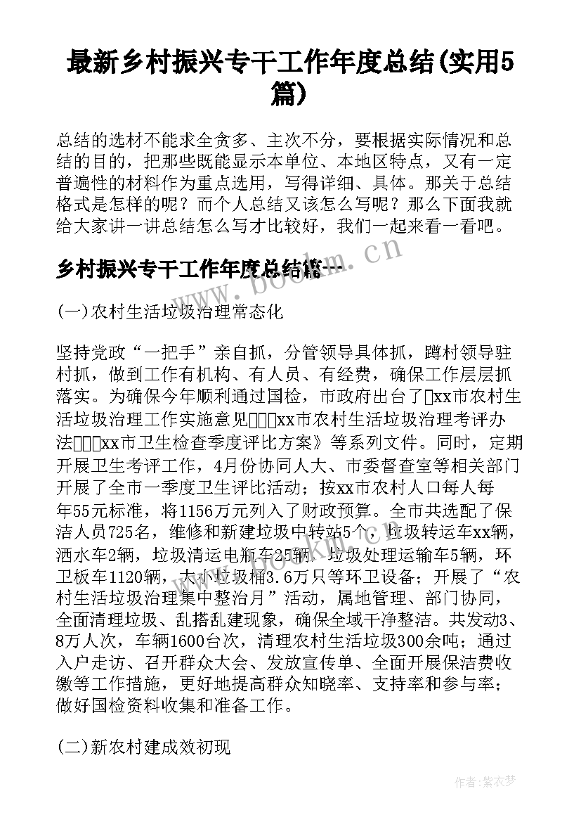 最新乡村振兴专干工作年度总结(实用5篇)