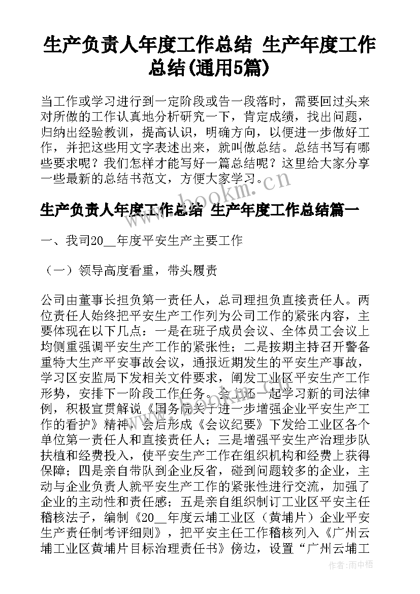 生产负责人年度工作总结 生产年度工作总结(通用5篇)