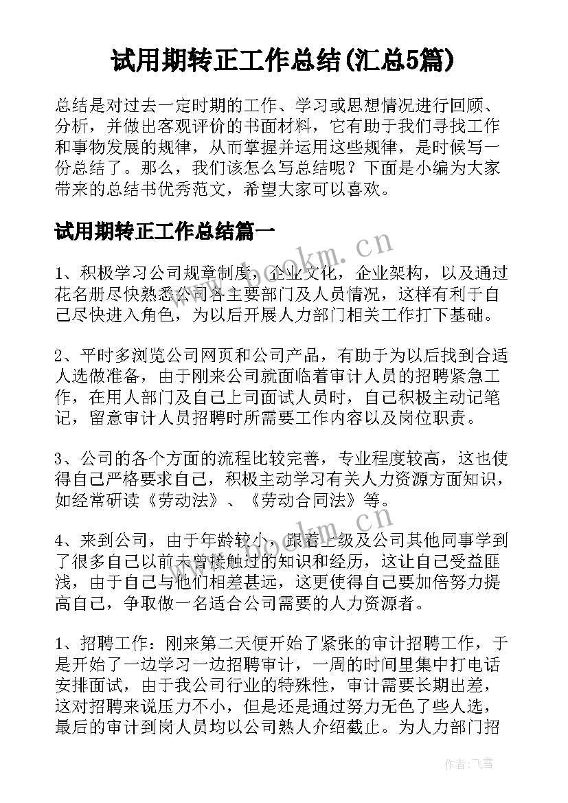 试用期转正工作总结(汇总5篇)