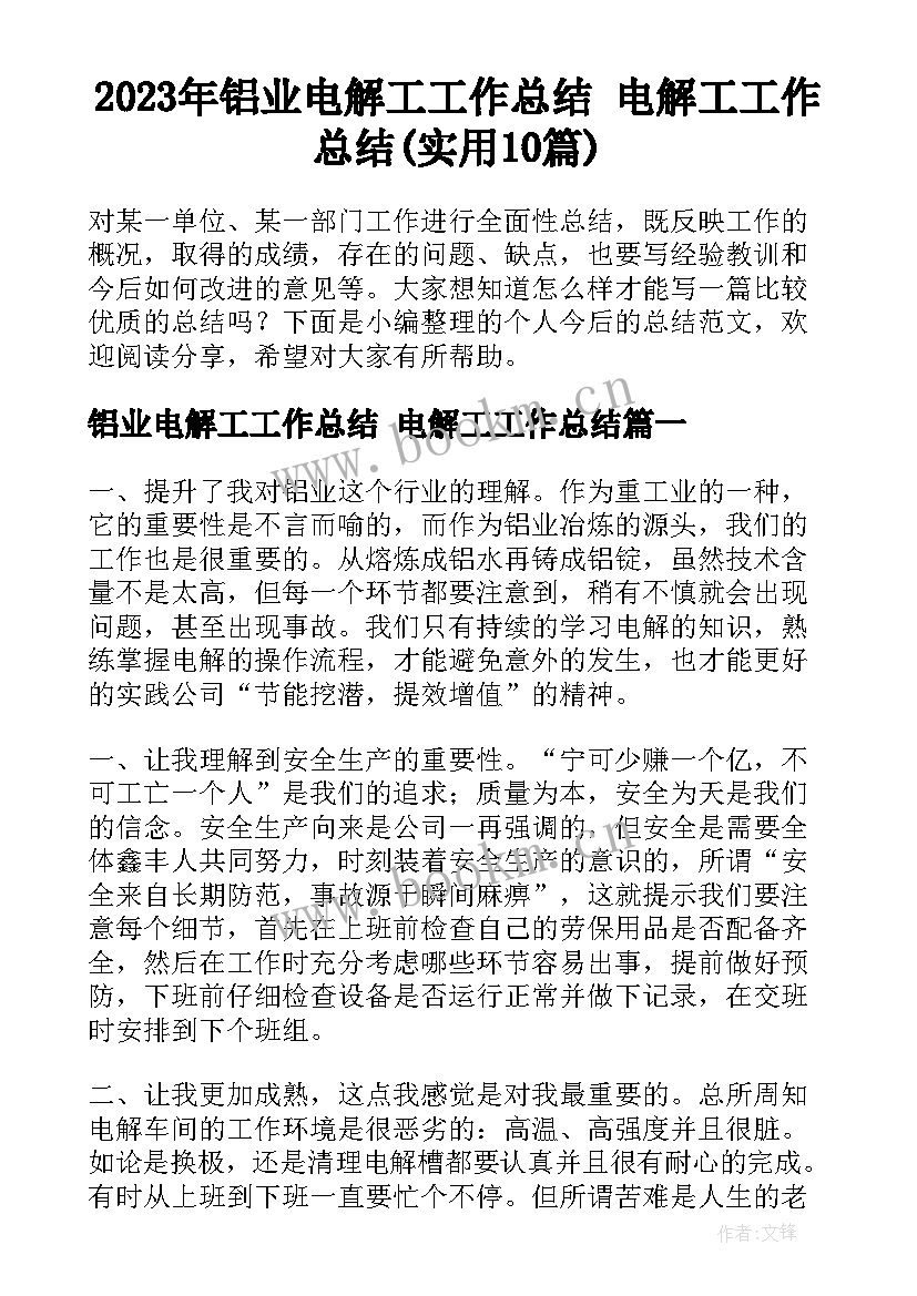 2023年铝业电解工工作总结 电解工工作总结(实用10篇)