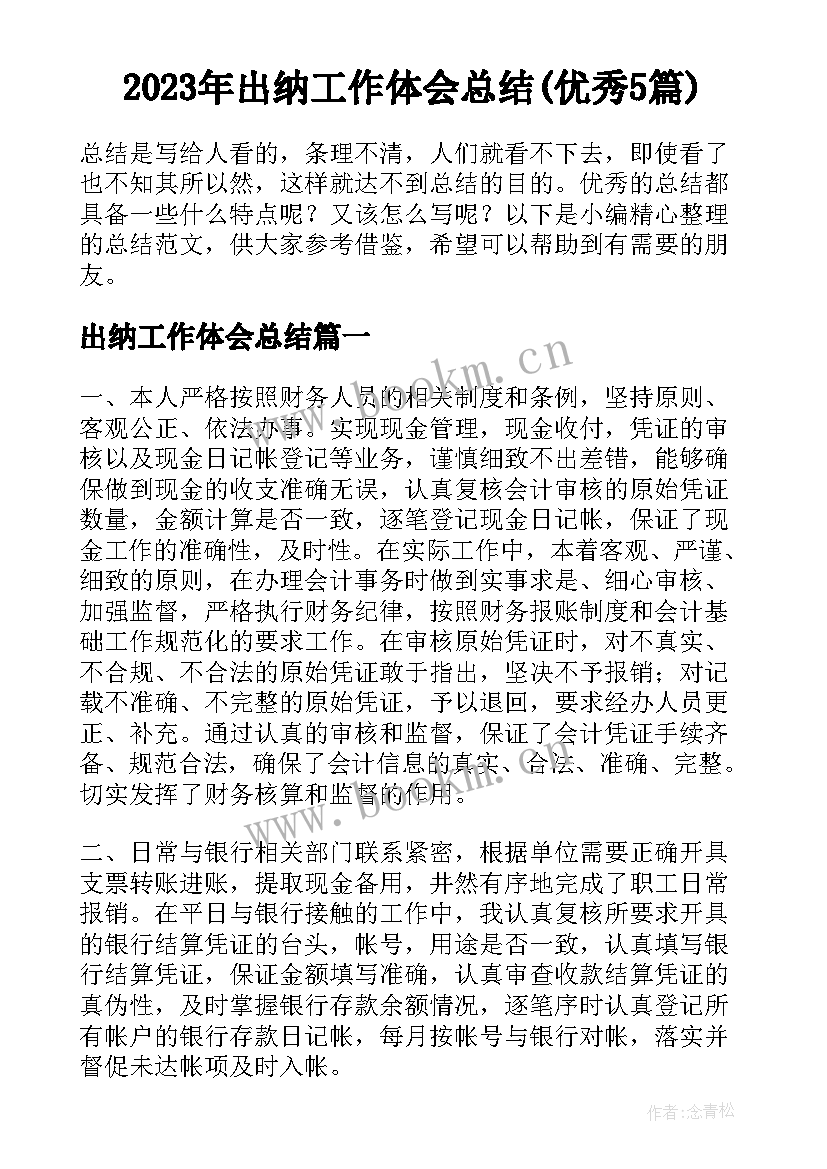 2023年出纳工作体会总结(优秀5篇)