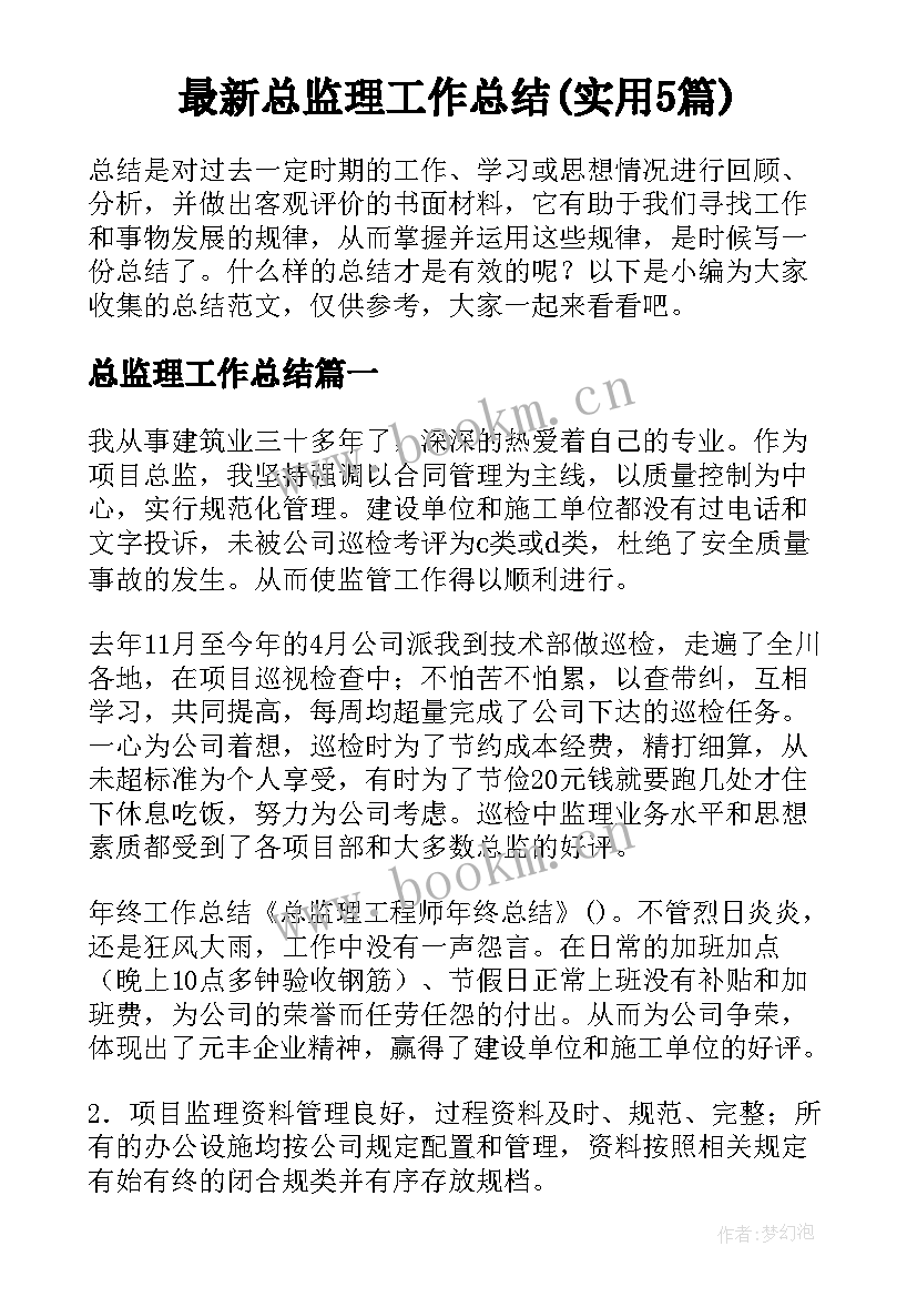 最新总监理工作总结(实用5篇)