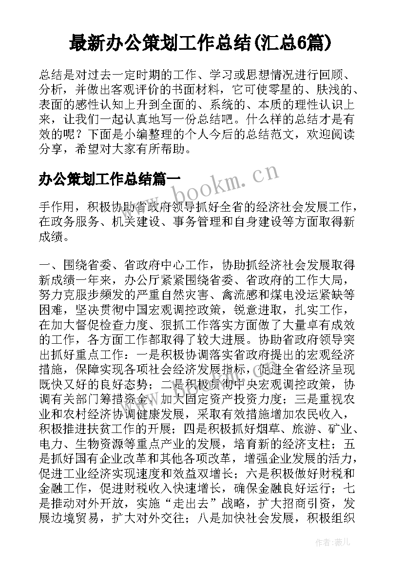 最新办公策划工作总结(汇总6篇)