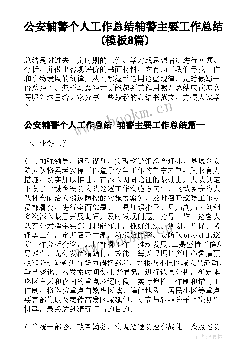 公安辅警个人工作总结 辅警主要工作总结(模板8篇)