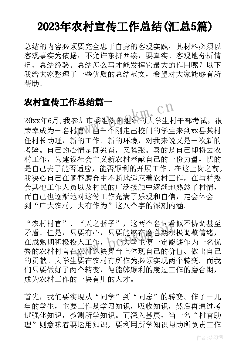 2023年农村宣传工作总结(汇总5篇)