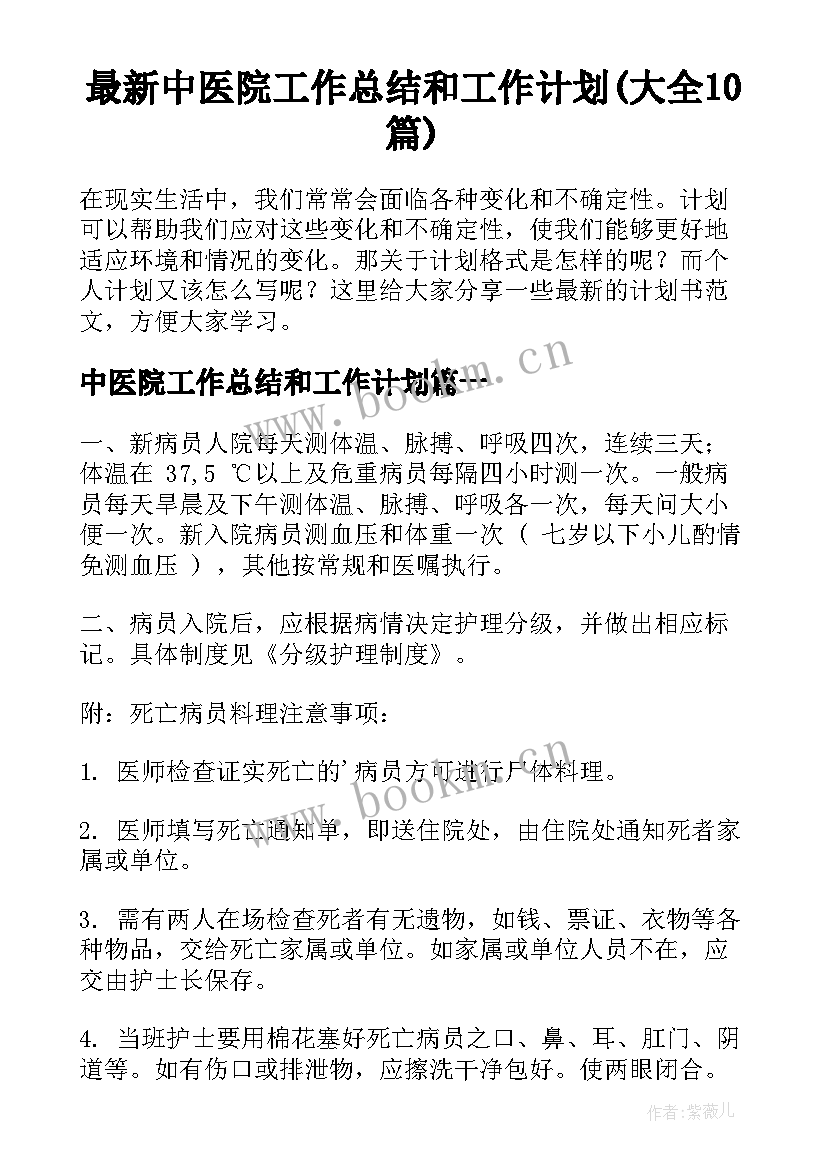 最新中医院工作总结和工作计划(大全10篇)