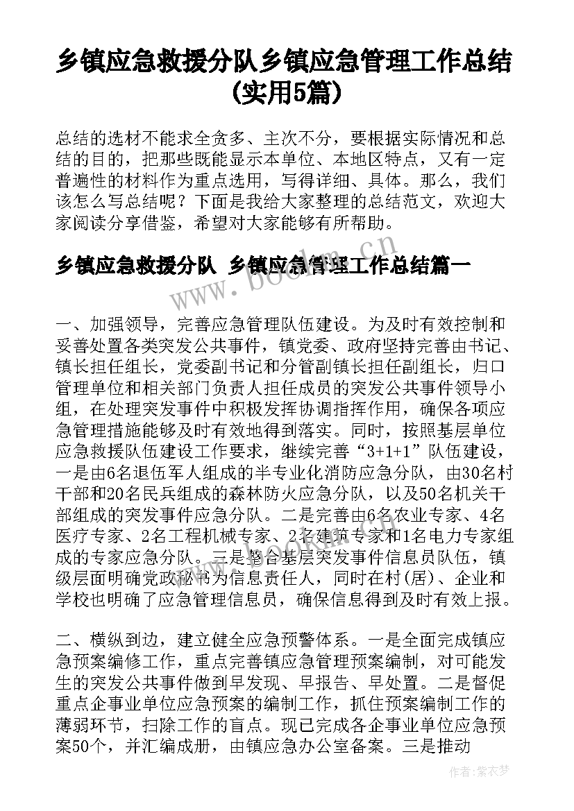 乡镇应急救援分队 乡镇应急管理工作总结(实用5篇)