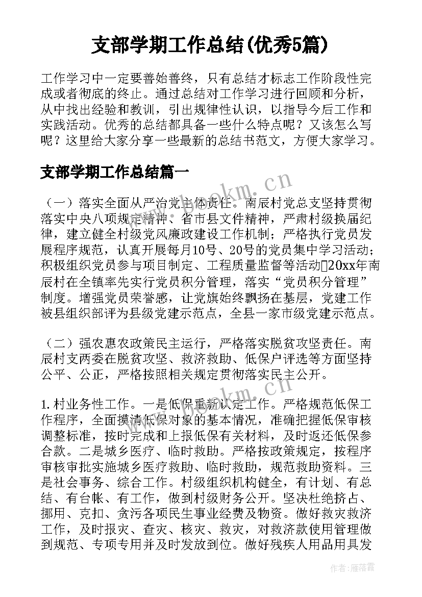 支部学期工作总结(优秀5篇)