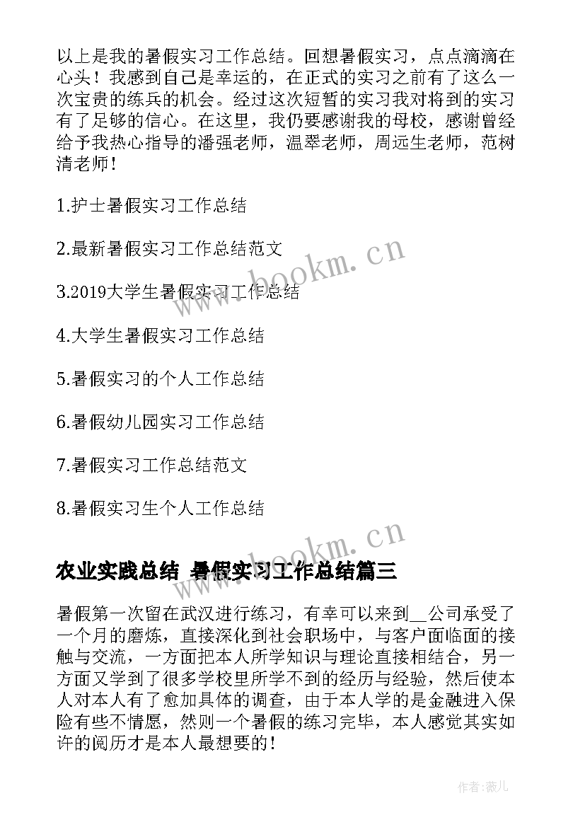 农业实践总结 暑假实习工作总结(优秀7篇)