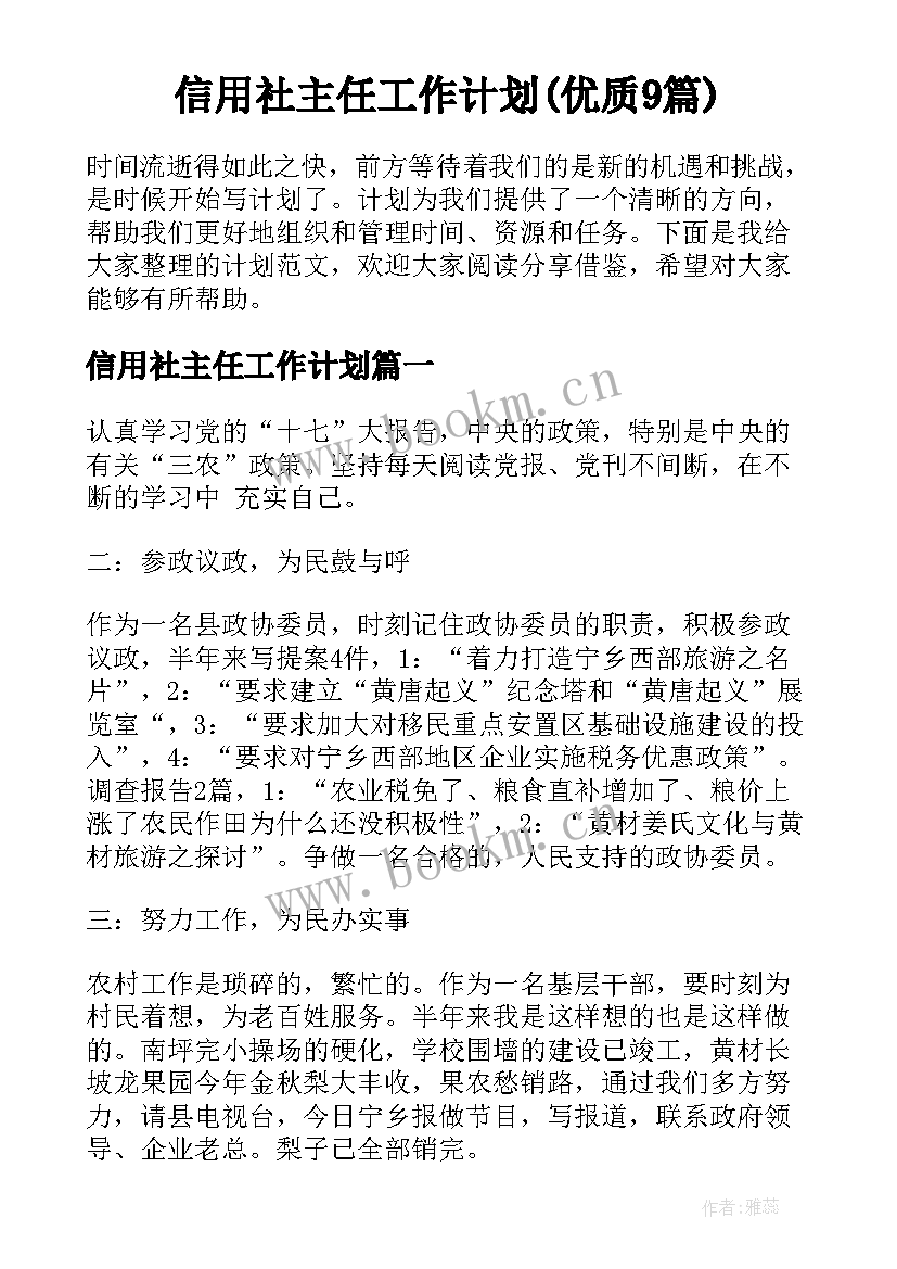 信用社主任工作计划(优质9篇)