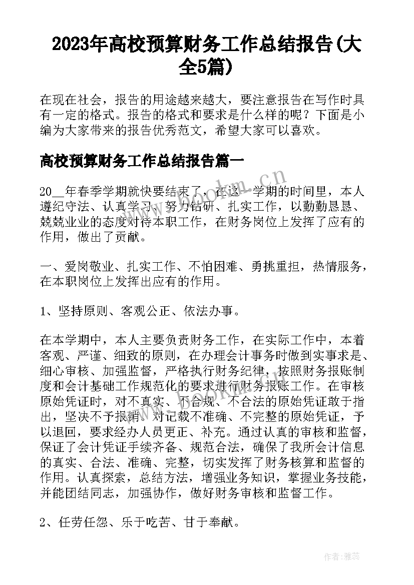 2023年高校预算财务工作总结报告(大全5篇)