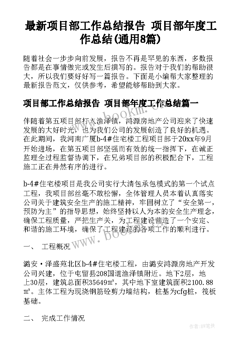 最新项目部工作总结报告 项目部年度工作总结(通用8篇)