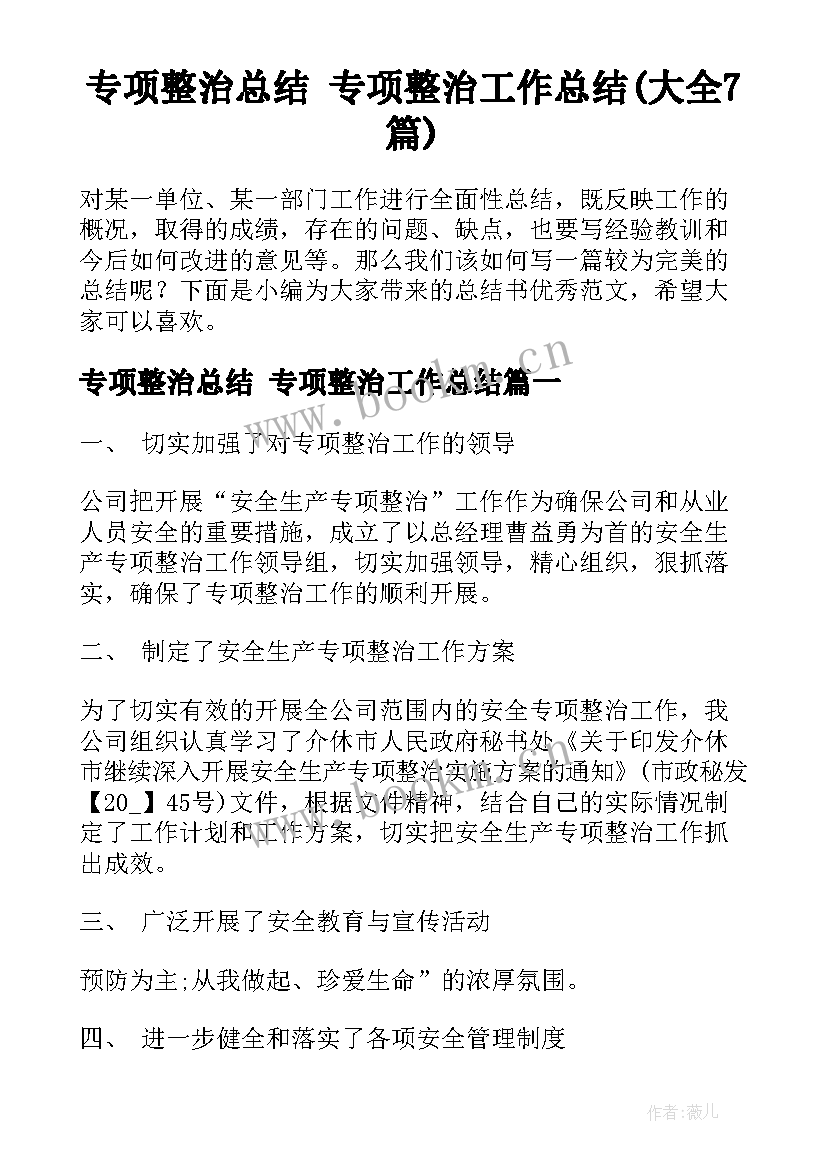 专项整治总结 专项整治工作总结(大全7篇)