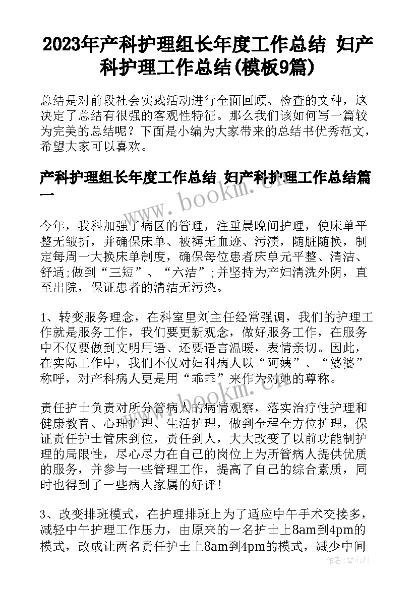 2023年产科护理组长年度工作总结 妇产科护理工作总结(模板9篇)