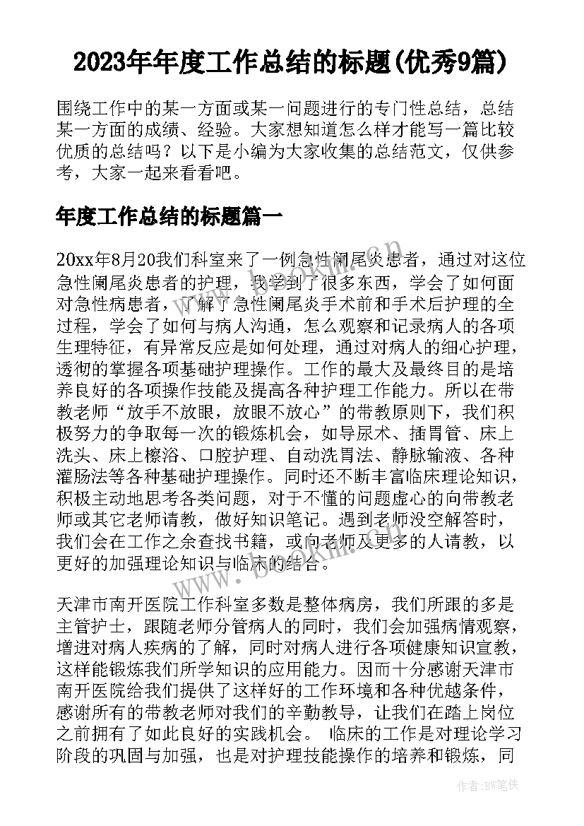 2023年年度工作总结的标题(优秀9篇)