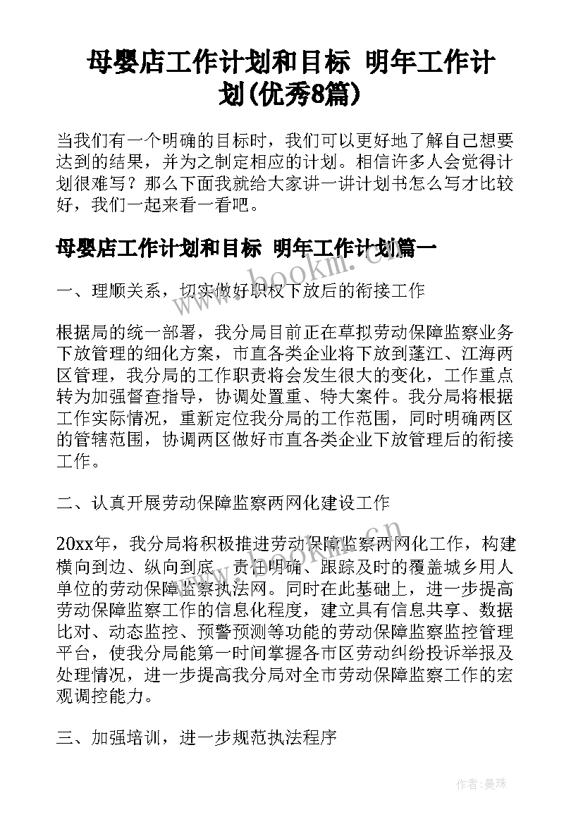 母婴店工作计划和目标 明年工作计划(优秀8篇)