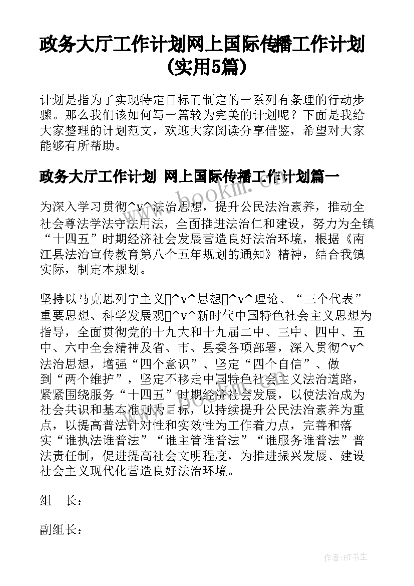 政务大厅工作计划 网上国际传播工作计划(实用5篇)