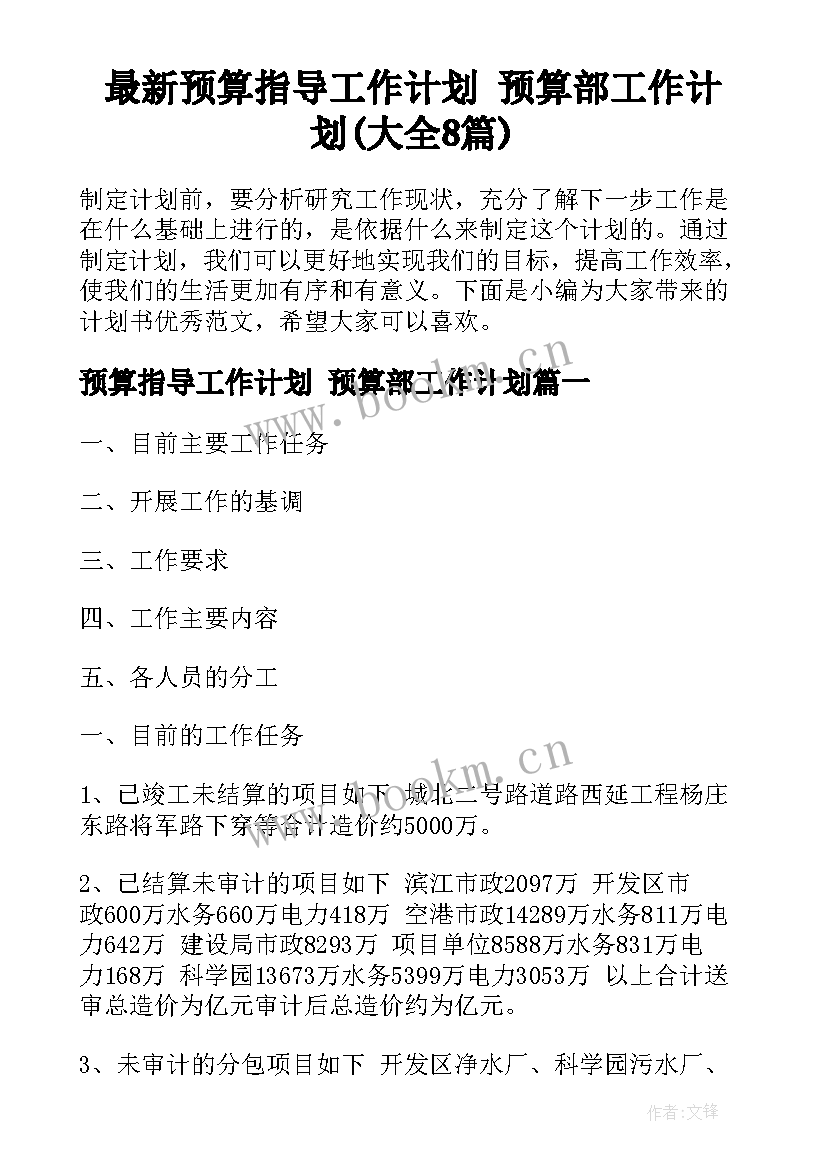 最新预算指导工作计划 预算部工作计划(大全8篇)