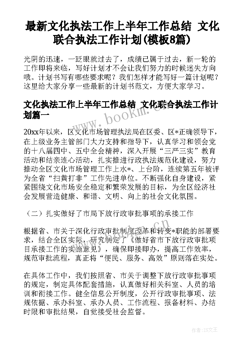 最新文化执法工作上半年工作总结 文化联合执法工作计划(模板8篇)