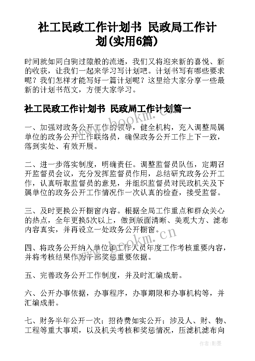 社工民政工作计划书 民政局工作计划(实用6篇)