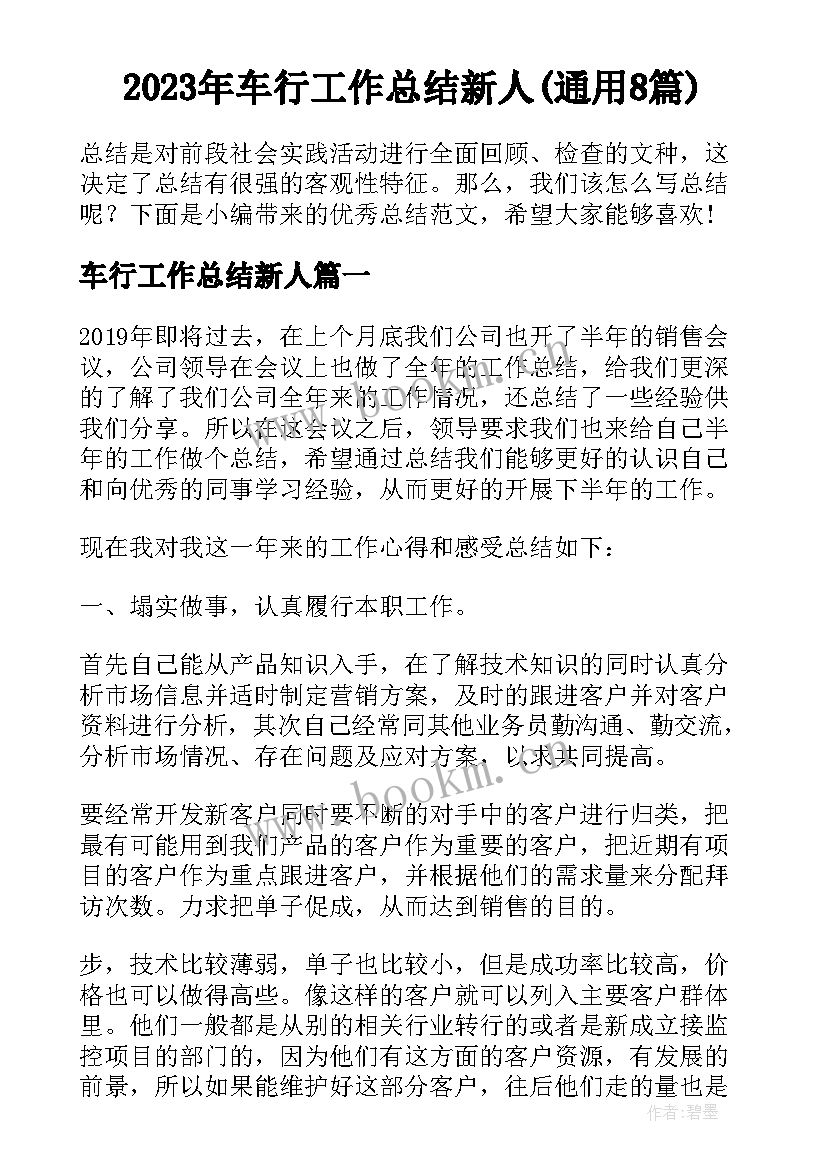 2023年车行工作总结新人(通用8篇)