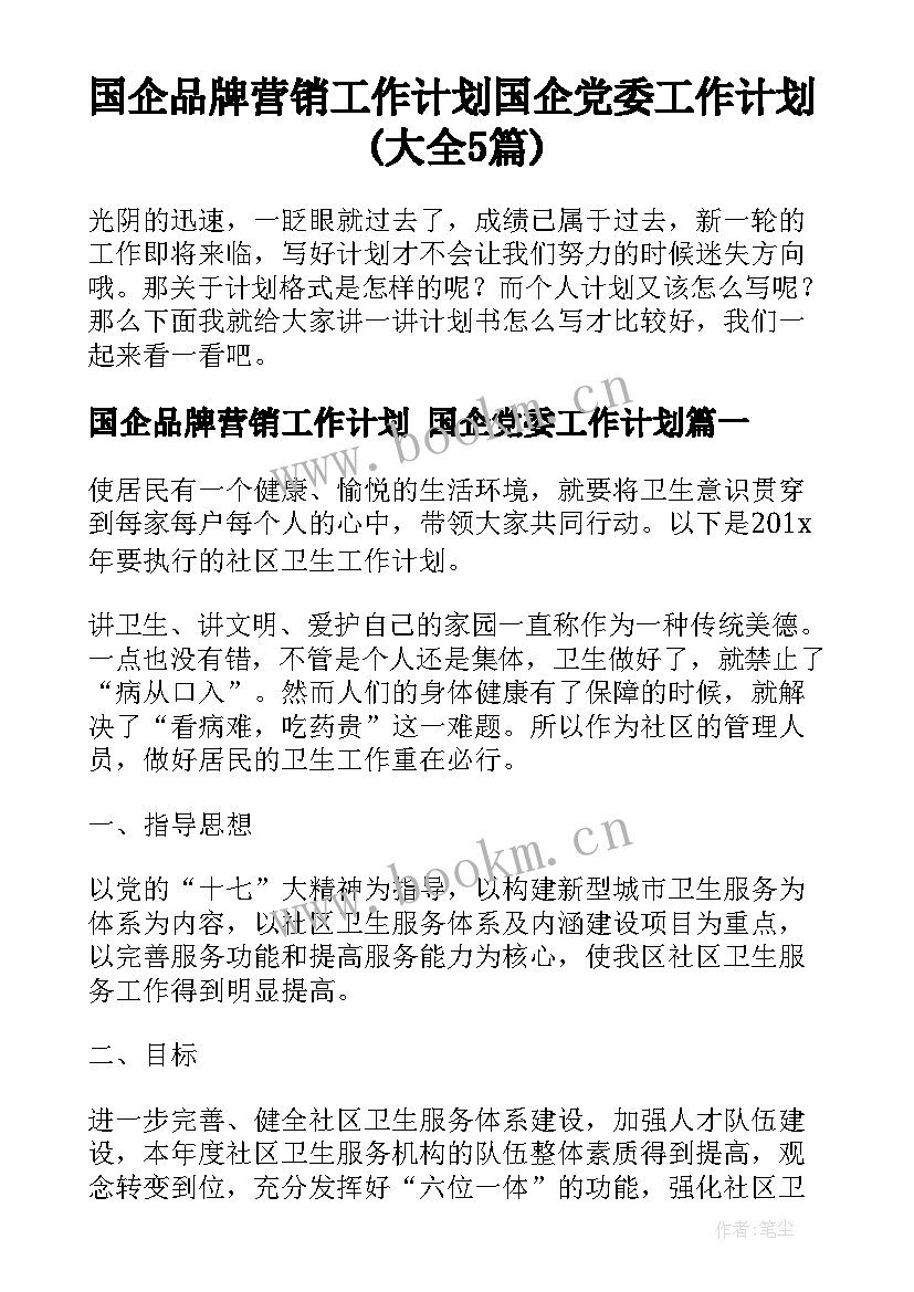 国企品牌营销工作计划 国企党委工作计划(大全5篇)