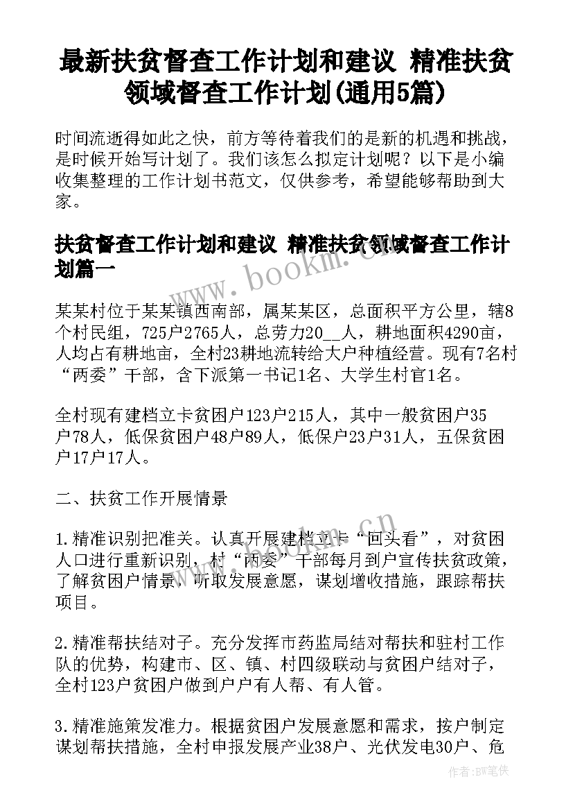 最新扶贫督查工作计划和建议 精准扶贫领域督查工作计划(通用5篇)