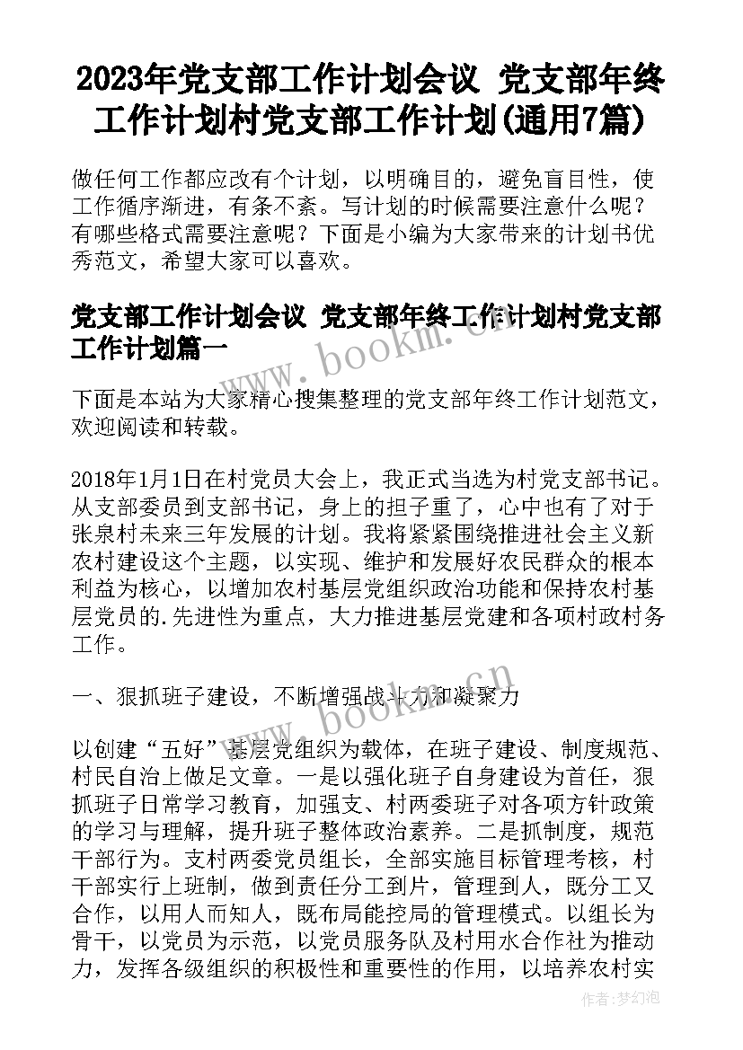 2023年党支部工作计划会议 党支部年终工作计划村党支部工作计划(通用7篇)