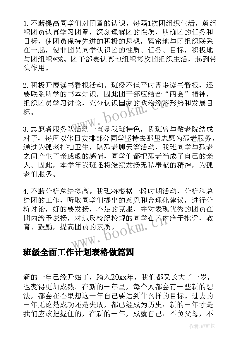 最新班级全面工作计划表格做(汇总5篇)