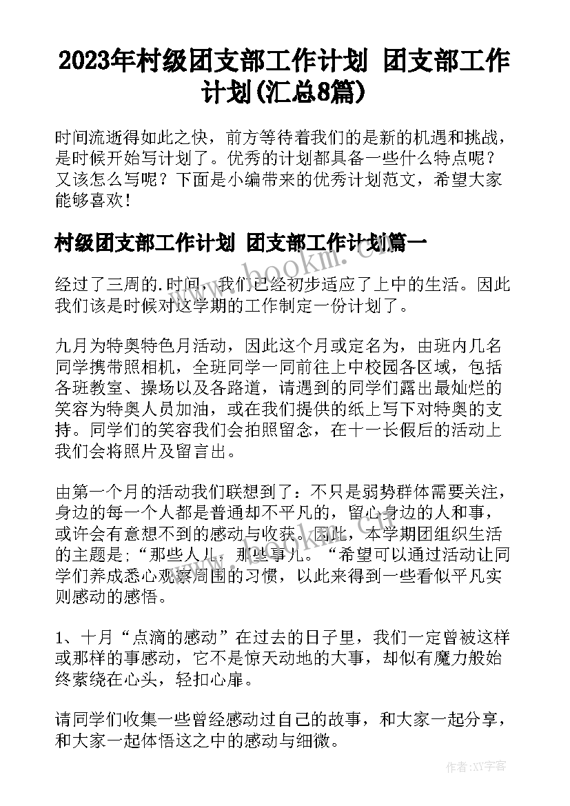 2023年村级团支部工作计划 团支部工作计划(汇总8篇)