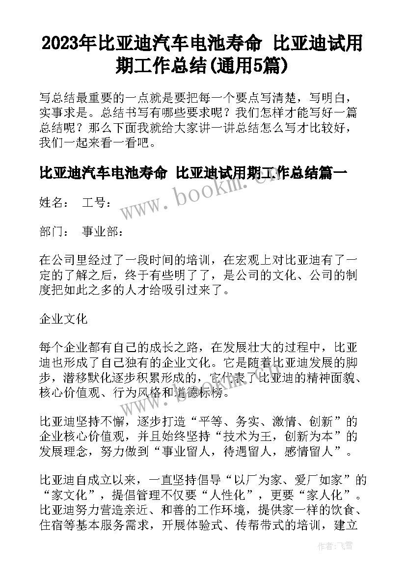 2023年比亚迪汽车电池寿命 比亚迪试用期工作总结(通用5篇)