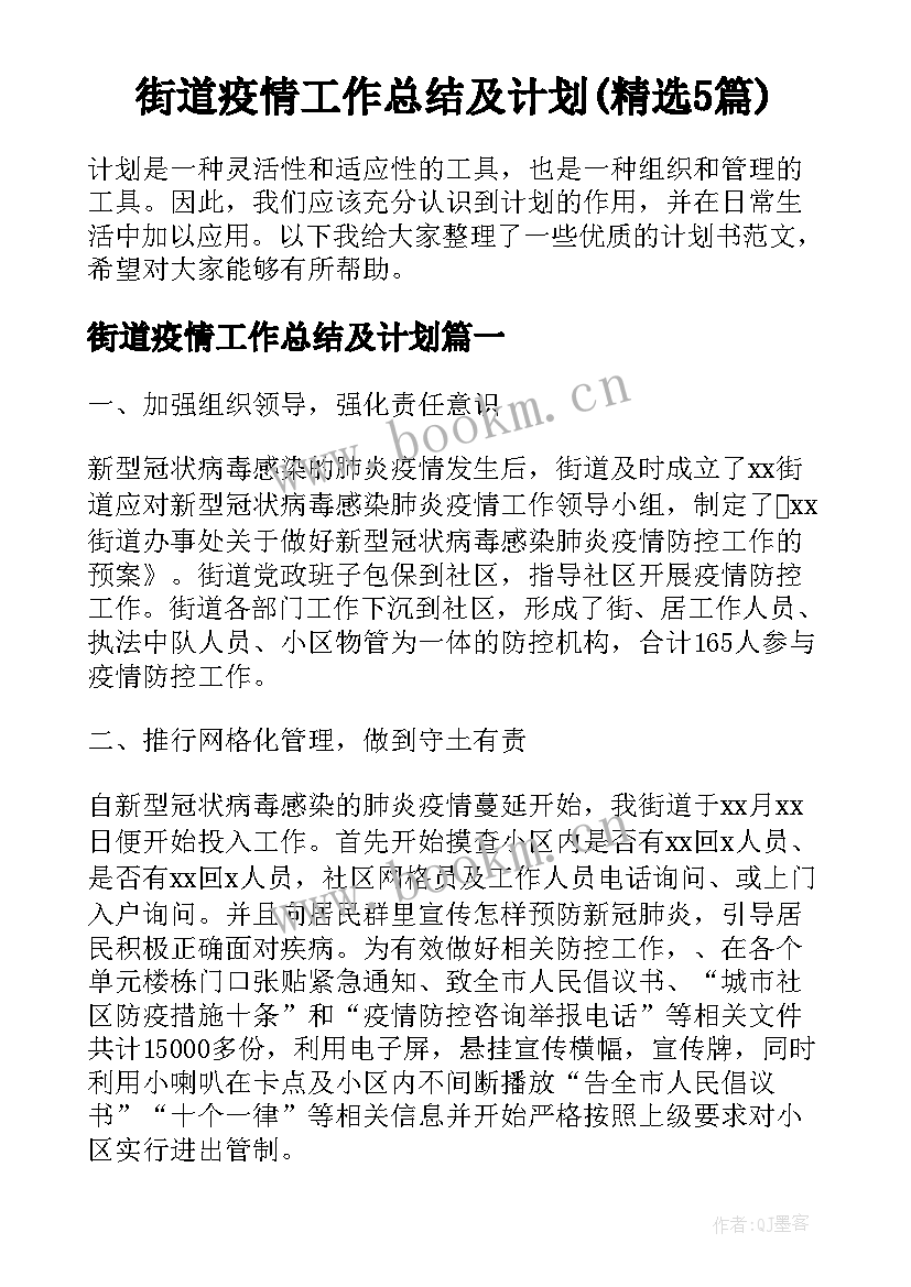 街道疫情工作总结及计划(精选5篇)