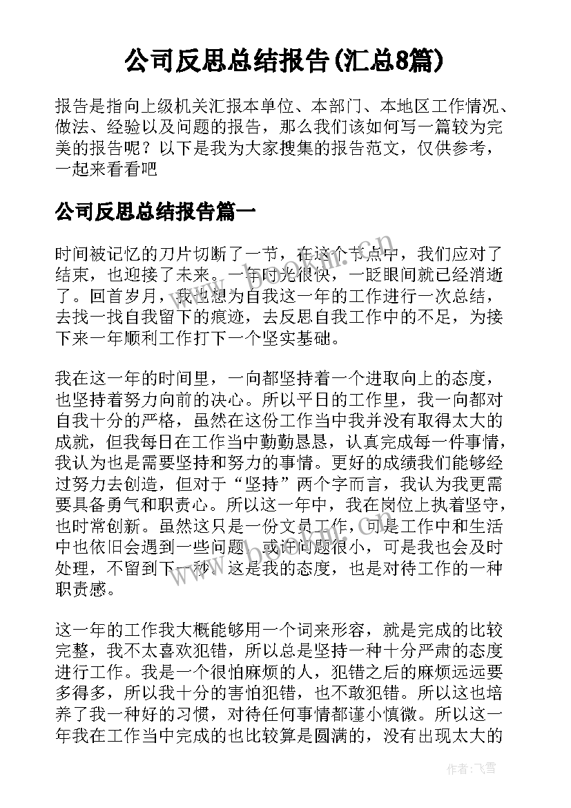 公司反思总结报告(汇总8篇)