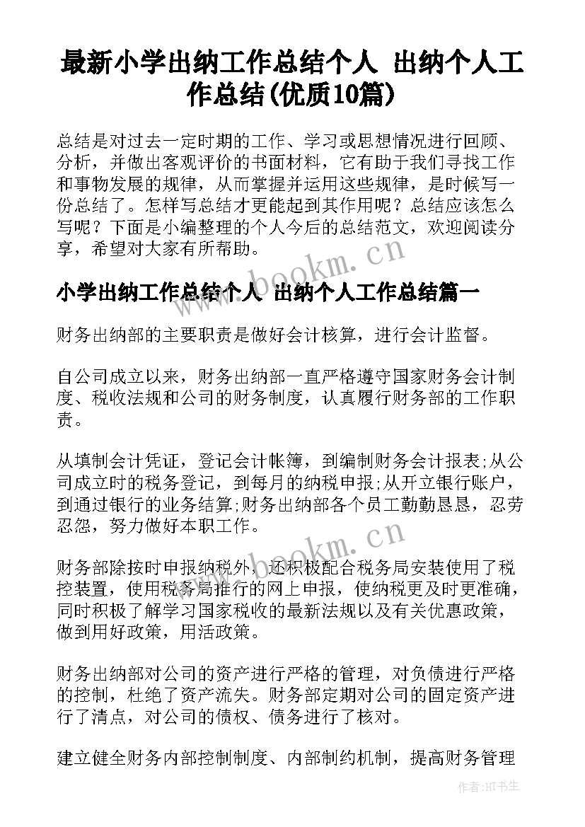 最新小学出纳工作总结个人 出纳个人工作总结(优质10篇)