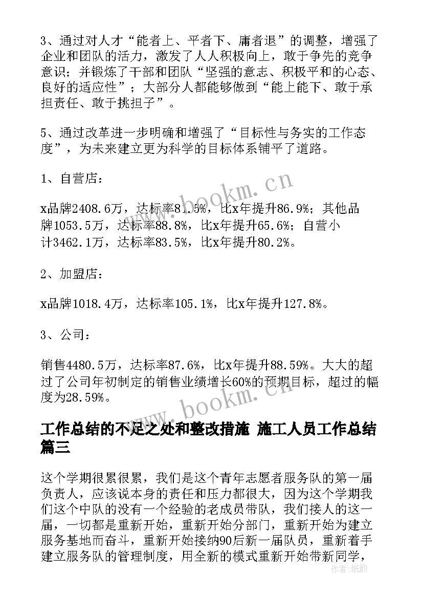 2023年工作总结的不足之处和整改措施 施工人员工作总结(通用6篇)