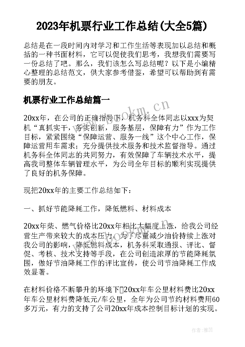 2023年机票行业工作总结(大全5篇)