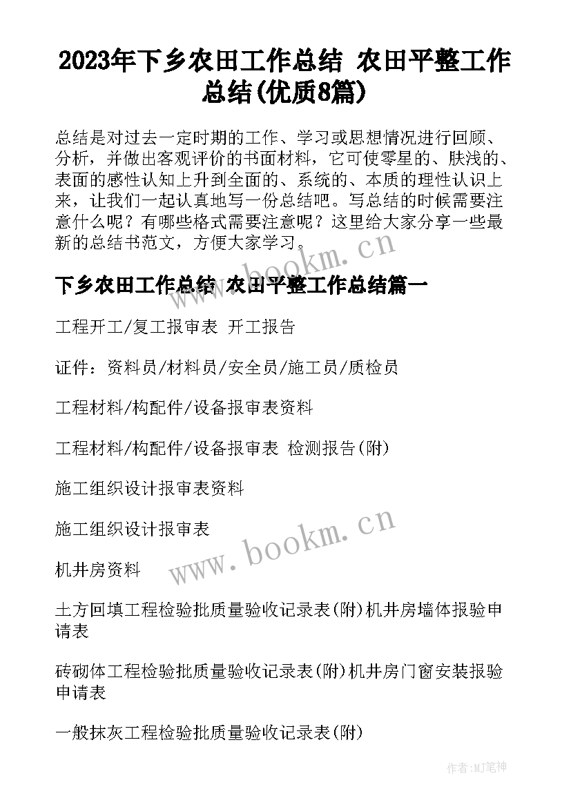 2023年下乡农田工作总结 农田平整工作总结(优质8篇)