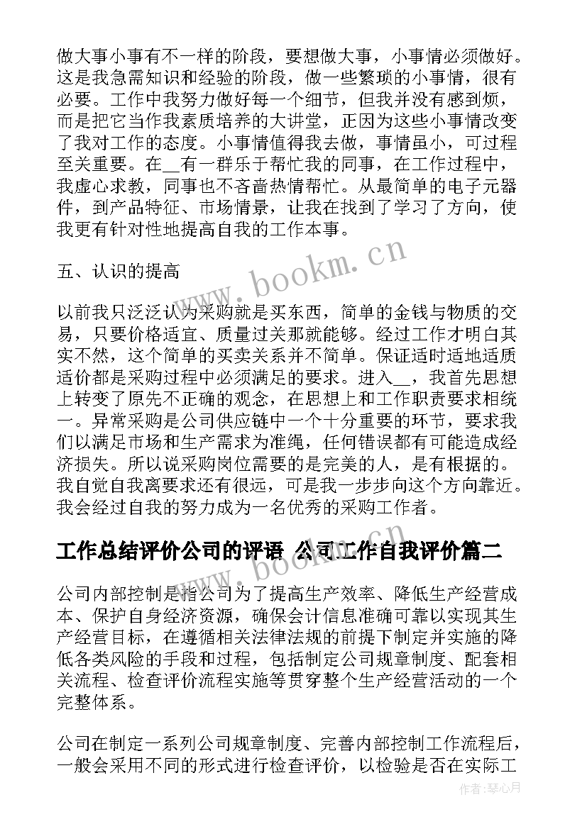 最新工作总结评价公司的评语 公司工作自我评价(优秀10篇)