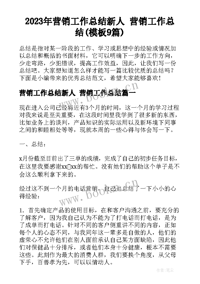 2023年营销工作总结新人 营销工作总结(模板9篇)