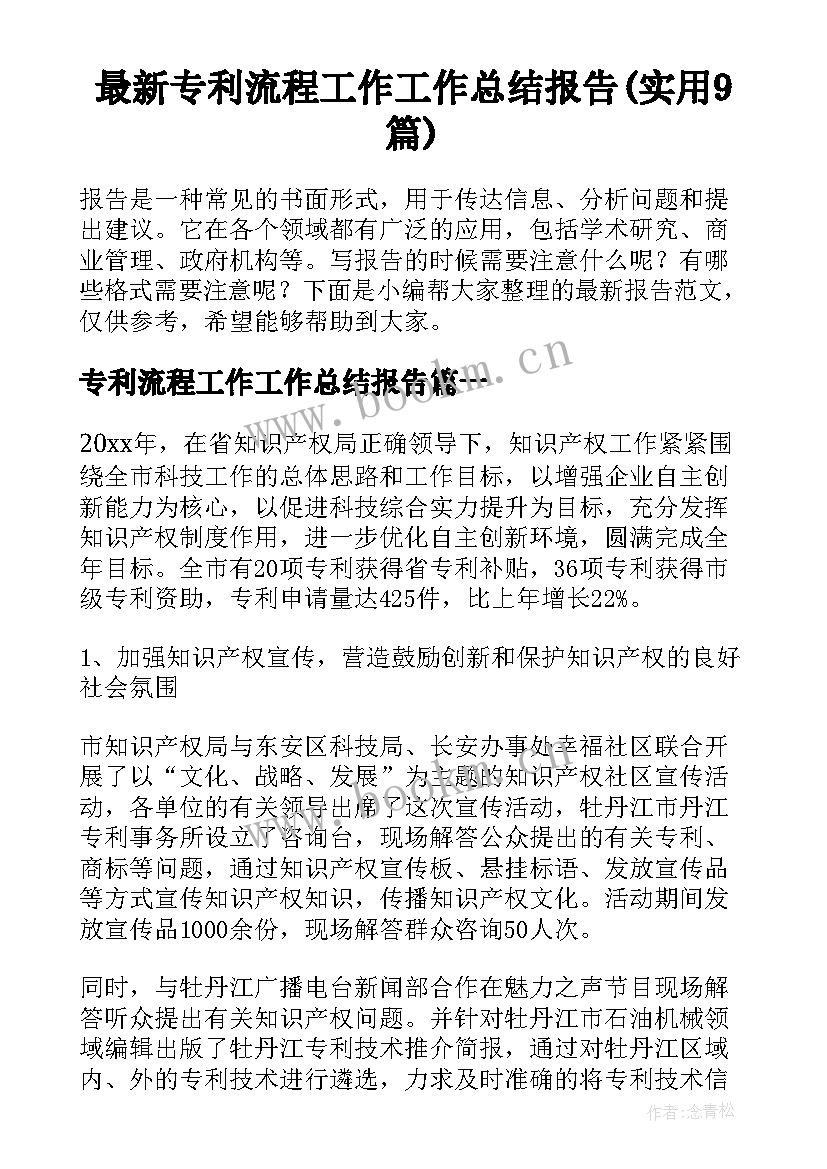 最新专利流程工作工作总结报告(实用9篇)