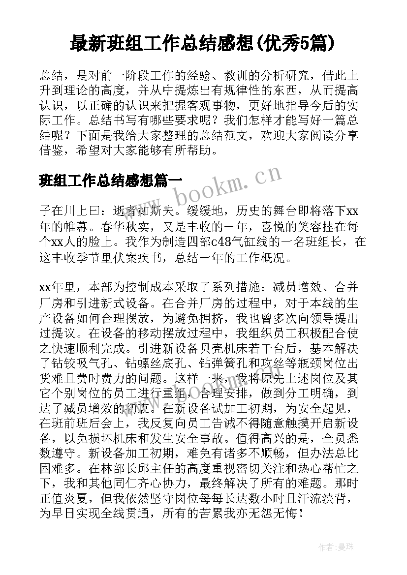 最新班组工作总结感想(优秀5篇)