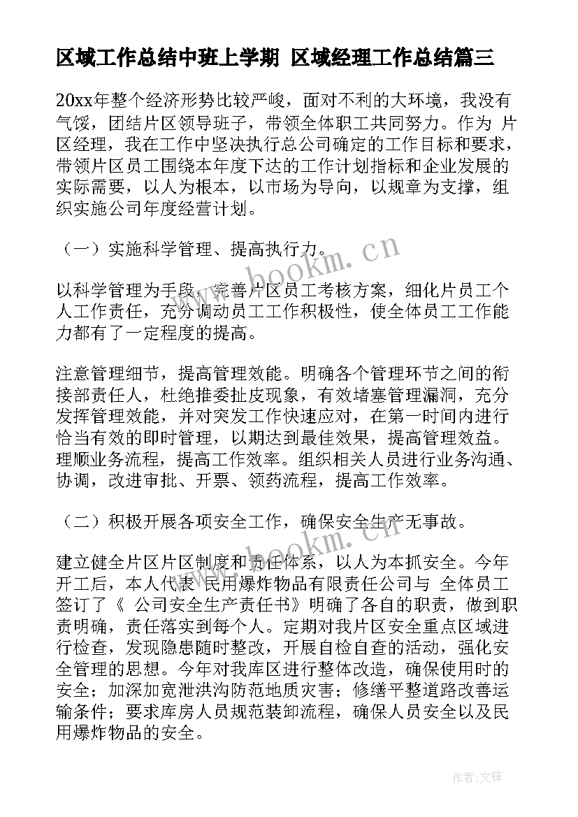 2023年区域工作总结中班上学期 区域经理工作总结(模板5篇)